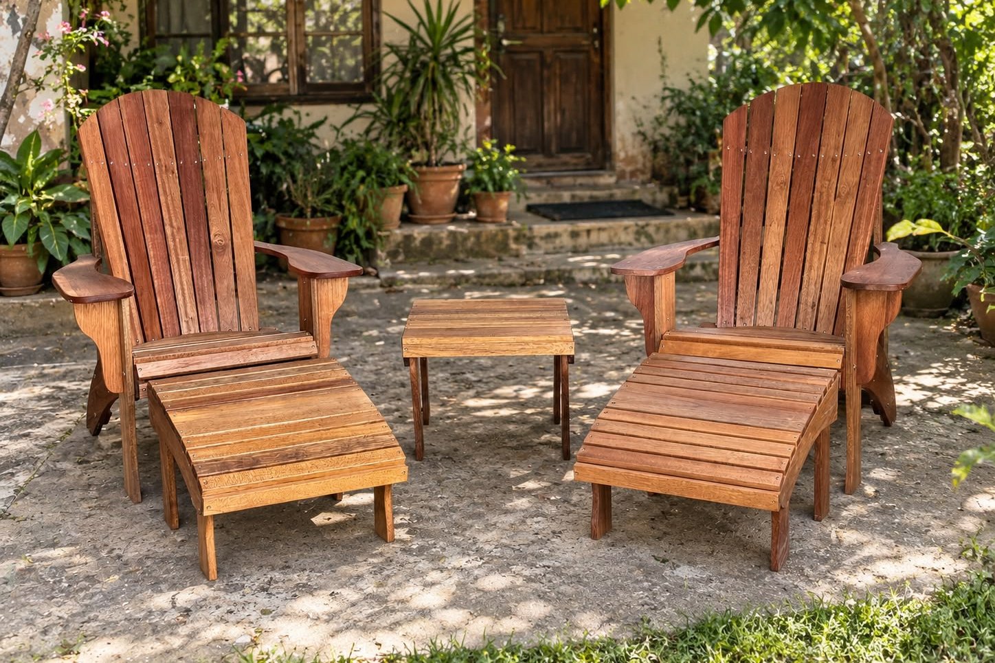 A pair of Terry's Adirondack chairs with matching footstools and side table